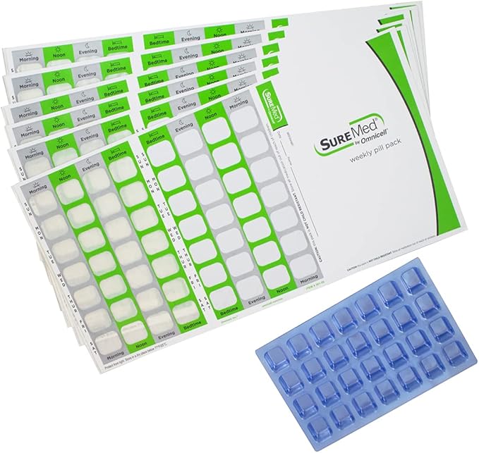 4 Times a Day Weekly XL Cold Seal Medication Blister Pack System Cards for Pills -One Piece Unit Dose Tri-Fold Booklet, Easy No Extra Equipment Needed, Just Fill and Seal (4X a Day Weekly - 6 Pack)