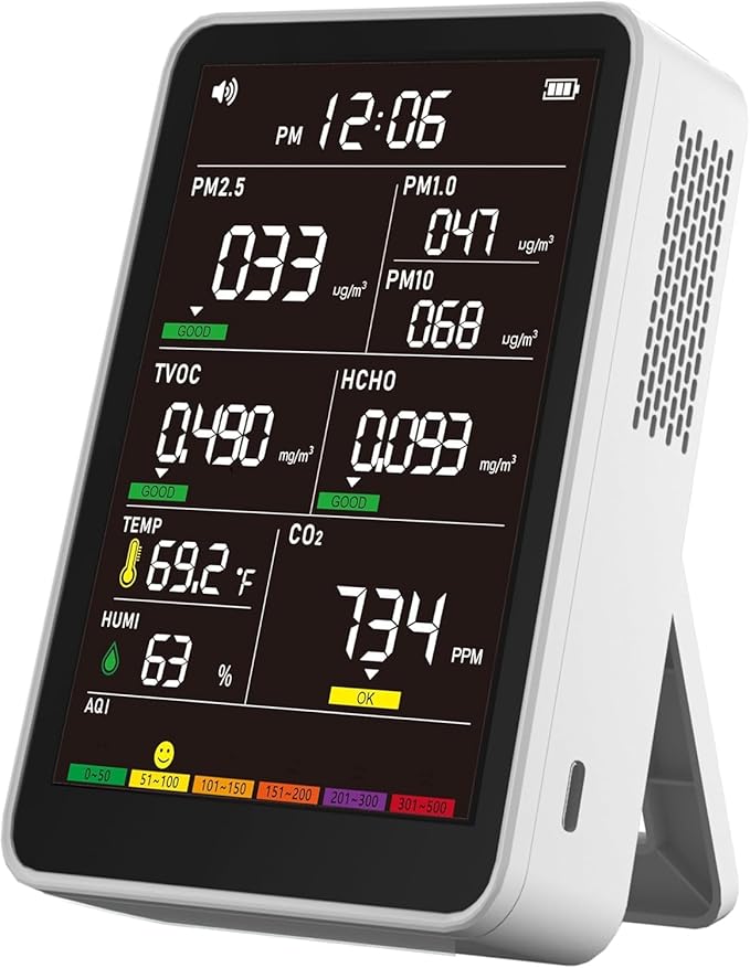 Professional Indoor Air Quality Monitor with AQI Alerts, Portable Real-Time Detector for Home, Car, Plants & Pets (Off White)