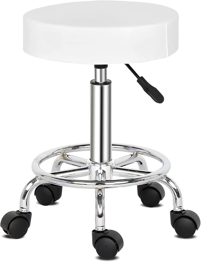Round Rolling Bar Stool PU Leather with Wheels and Foot Rest, Height Adjustable Task Work Drafting Chair with Back for Salon Spa Tattoo Facial Medical Office Chairs (White1)