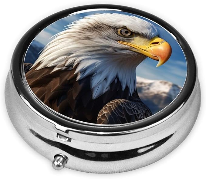 Pill Box 3 Compartment Medicine Pill Organizer American Bald Eagle Round Pill Case for Purse & Pocket Travel Pillbox Portable Metal Medicine Vitamin Fish Oil Organizer Unique Gift