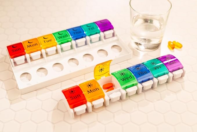 EZY DOSE Weekly (7-Day) Pill Case, Medicine Planner, Vitamin Organizer, 2 Times a Day AM/PM, Removeabale Trays, Large Push Button Compartments, Easy to Use, Arthritis Friendly, Rainbow Lids, BPA Free