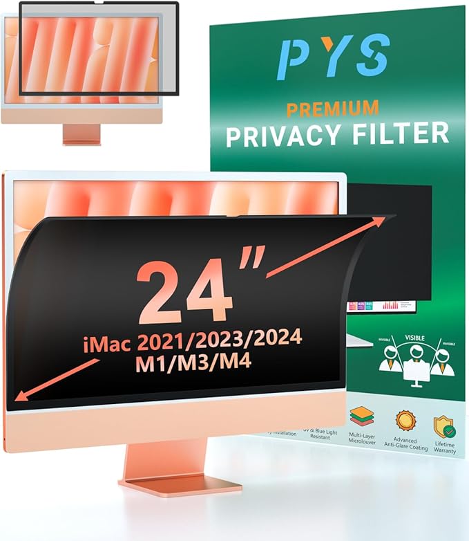 PYS Privacy Screen for iMac 24 Inch 2021/2023/2024 (M1/M3/M4 chip), Reusable & Removable, Privacy Filter for iMac All-in-One Desktop Computer and Anti-Glare Protector