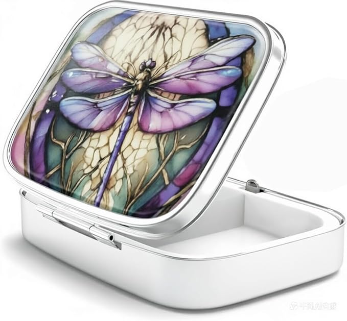 WATASSA Pill Box with Animal Style Mirror All-in-One 2-Compartment Portable Medicine Organizer, Marble Pattern Travel Pill Case for Vitamins&Daily Medication(Fits Pocket/Purse) (Violet Dragonfly)