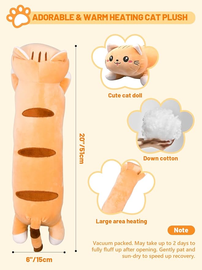20" Brown Cat Heating Pad for Period Cramps USB Portable Electric 5 Heat Settings 5 Timer Modes Auto Shut Off Plush Stuffed Animal Warmer for Neck Back Pain Relax for Women Kids