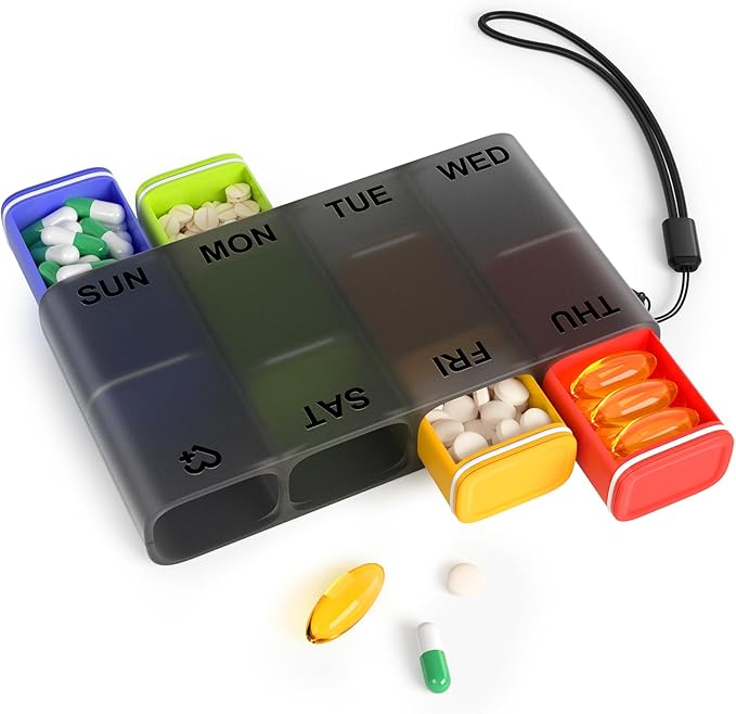 Weekly Pill Organizer 1 Time a Day – Travel Pill Case 7 Day, Small Pill Box 8 Compartments Push Open, with Color Slots, Medicine Organizer for Fish Oil, Vitamins, with Wrist Lanyard, BPA Free, Black