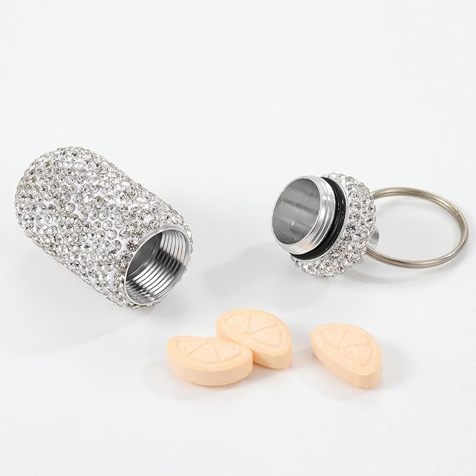Bling Pill Case Portable Travel Pill Container Bottle Rhinestone Waterproof Small Pill Holder with Keychain Cute Mini Pill Storage Box for Outdoor Camping (White Pink Purple)