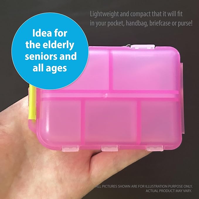 Deke Home - Portable Pill Organizer with 10 Compartments & Medication Label Stickers, Daily Pill Box for Travel, Vitamins, Supplements & Medicine Storage, Compact, Colorful, Easy to Identify (Pink)