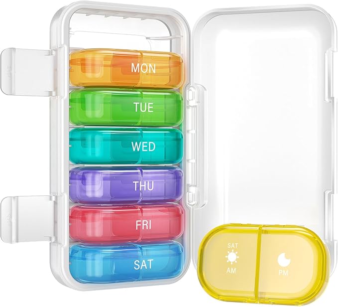 Vikie Weekly Pill Organizer 2 Times a Day with AM PM Sections, BPA-Free, Portable & Moisture-Proof for Pills, Vitamins, Supplements (2x7 Transparent + Rainbow)