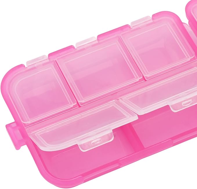 Travel Pill Organizer, Plastic 10 Compartments Pill Case Portable Pill Box Buckle Lock Weekly Portable Pill Holder Container for Purse (Rose Red)