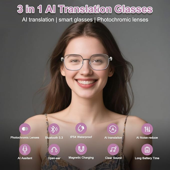 Al Smart Glasses for Women- Bluetooth Translation Glasses with 164 Languages, Color-Change Lens, Music & Call, IP54 Waterproof, Free App, Audio AI Translator Glasses for Meeting Cycling Travel Gaming