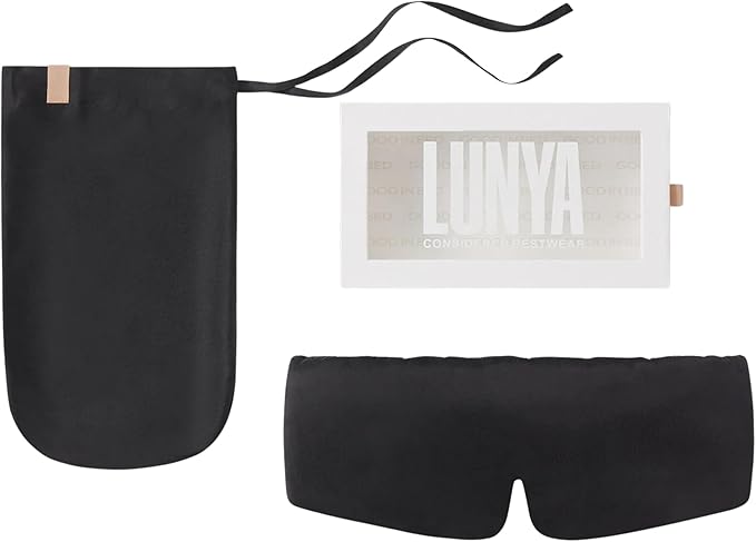 Lunya Washable Silk Sleeping Mask - Thermoregulating Mulberry Silk, Light Blocking and Comfortable Fit – Sleep Mask for Women and Men with Box - Immersed Black - Small
