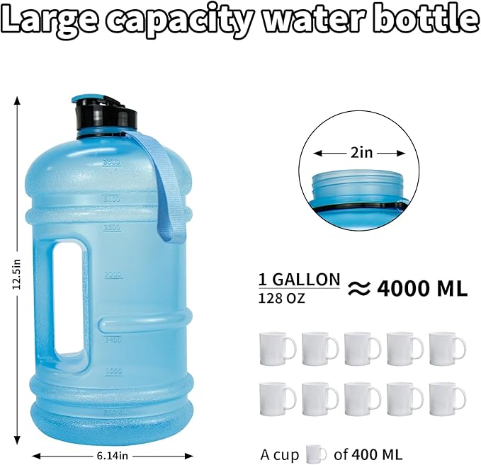 TOOFEEL 1 Gallon Water Bottle - 128 oz Water Bottle with Flip Lid - Gallon Water Bottle with Handle,BPA Free gallon Water jug with Measurements Marked - Transparent Light Blue