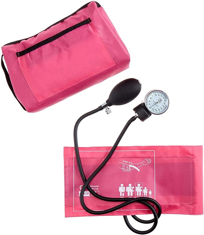 EMI #305 Pink Aneroid Sphygmomanometer Manual Blood Pressure Monitor with Adult Cuff and Dual Head Stethoscope Set Kit