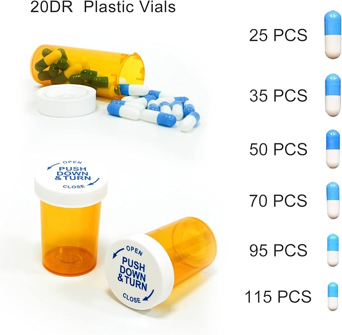 Pill Bottles with Child Resistant Cap, Prescription Vials - Push Down and Turn - Empty Medicine Plastic Containers Safety Cover for Personal Medication & Pharmacy (20dram, Amber, 12pcs)
