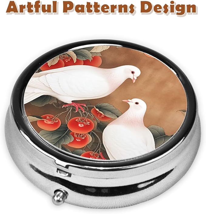 Metal Pill Organizer - 3-Compartment Mini Round Pill Case for Pocket & Purse, Portable Vitamin Holder, Easy-Open Design for Travel - White Pigeon