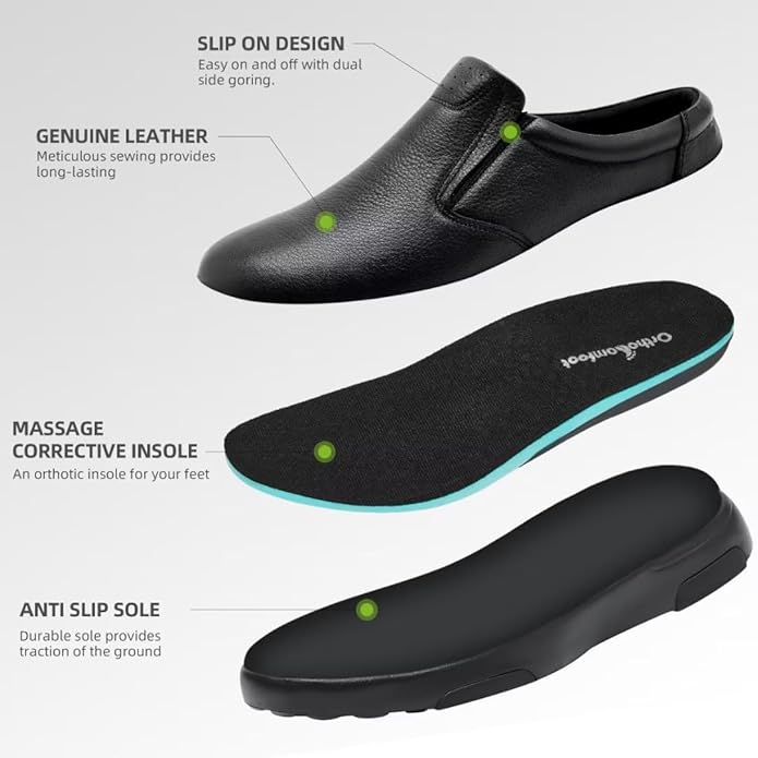 OrthoComfoot Men's Orthopedic Leather Dress Walking Shoes: Comfortable Plantar Fasciitis Loafers with Arch Support for Flat Feet, Casual Business Orthotic Slip-On for Foot and Heel Pain Relief
