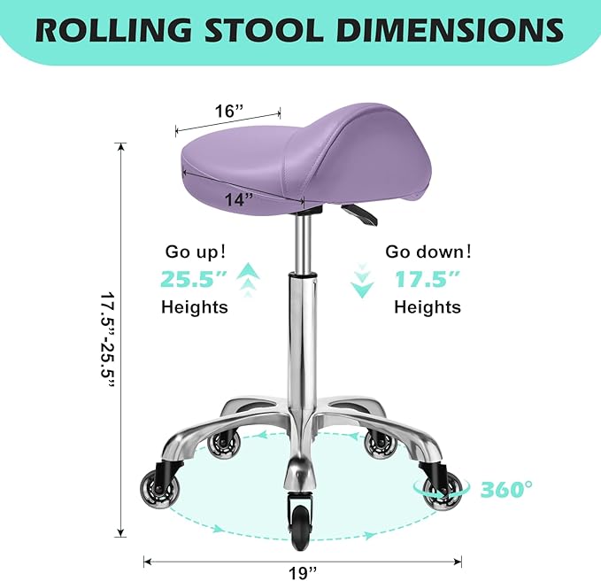 Saddle Stool with wheels Ergonomic - Heavy Duty 400lbs, Upgraded Thick Saddle Cushion, Healthy Posture Correction, Swivel Adjustable Rolling Saddle Stool, Saddle Chair for Salon Massage Home (Purple)