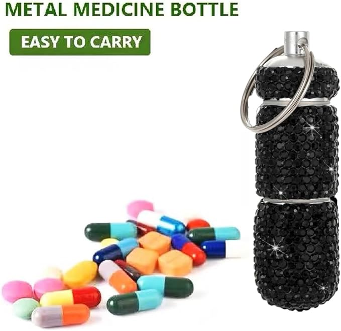 Bling Pill Case Portable Travel Pill Container Bottle Rhinestone Waterproof Small Pill Holder with Keychain Cute Mini Pill Storage Box (Black)