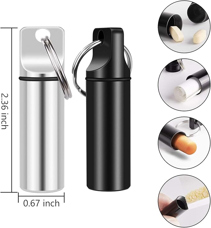 2 Pack Small Pocket Pill Box Keychain, Portable Mini Aluminium Alloy Pill Organizer Case Container for Purse, Waterproof Metal Pill Holder Medicine Bottle for Outdoor Camping Travel (Black & White)