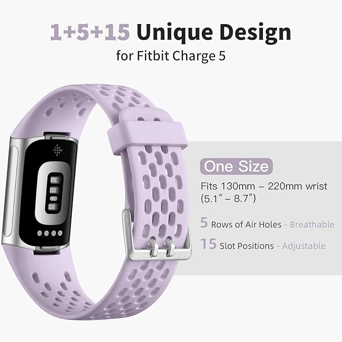 Getino Compatible Fitbit Charge Bands, Soft Breathable Replacement Sport Strap Adjustable Wristbands for Fitbit Charge 5/6, Lavender