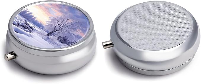 Winter Landscape Pill Box Travel Pill Case for Purse Pocket Weekly Medicine Organizer with Mirror 3 Compartment Round Medicine Case Portable PillcaseHolder for Daily