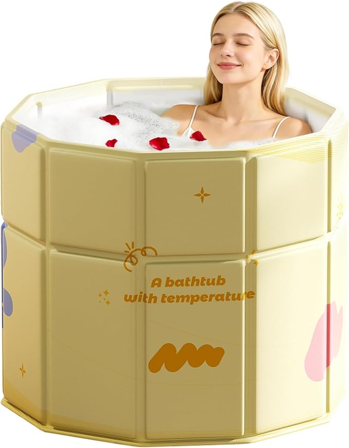 Portable Bathtub, Hot Ice Bath Tub Inflation-free, Shower Bathroom SPA Soaking Tub, Collapsible Bathtub No Installation for Home & Outdoor (Warm Yellow, 27.55"L x 27.55"W x 27.55"H)