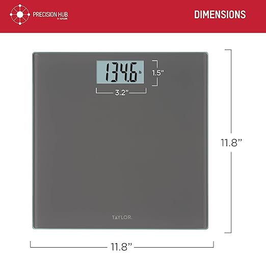 Taylor Smart Bathroom Scale with Precision Hub App, Digital Body Weight Scale, 400 lb Capacity, 8 User Profiles, Smart App Connectivity, Sync to 3rd Party Apps, BMI Tracking, Glass Platform, Charcoal