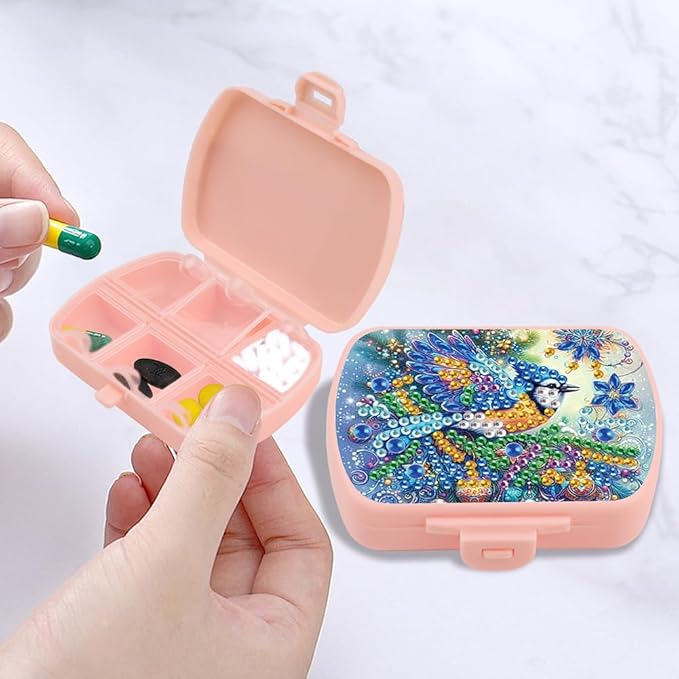 C'eitura 2pcs DIY Colorful Bird Diamond Art Painting Pink Pill Organizer with 6 Lid Detachable Compartments, Fun DIY Craft Project for Adults, Elegant Pill Case for Purse & Travel