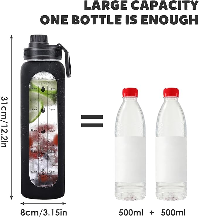 GIEMIT Glass Water Bottles 32oz with Silicone Sleeve Drinking Hydration Bottles Reusable Borosilicate Wide Mouth Motivational Water Flask Canteen with Time Marker Spout Lid and Brush
