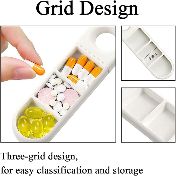 Daily Travel Pill Case, 3-Tray Small Cute Medicine Planner with Pull Tab, Vitamin Organizer Box, for Medication, Meds, Capsule, Fish Oil, Tablets, Antibiotics, White