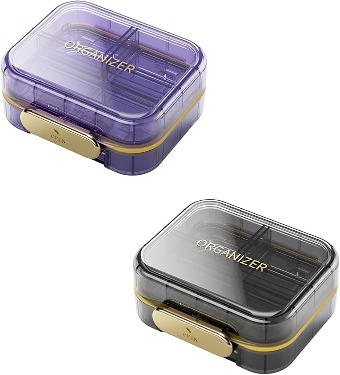 Travel Pill Organizer, 7 Compartments Pill Box, Daily Portable Pill Case to Hold Vitamins, 2 Pack Small Pill Container for Pocket Purse Medicine Organizer