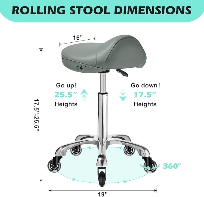 Saddle Stool with wheels Ergonomic - Heavy Duty 400lbs, Upgraded Thick Saddle Cushion, Healthy Posture Correction, Swivel Adjustable Rolling Saddle Stool, Saddle Chair for Salon Massage Home (Gray)
