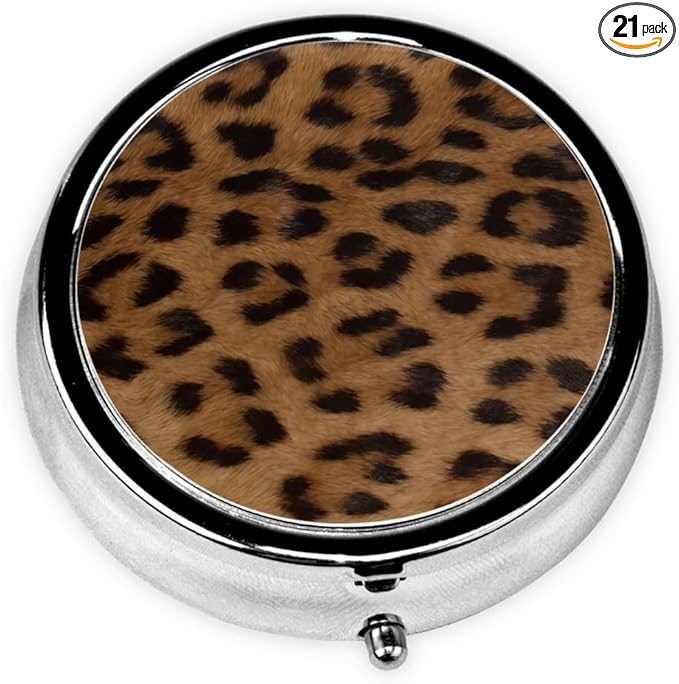 Pill Box 3 Compartment Pocket Small Pill Organizer Mini Metal Pill Holder Travel Portable for Man Woman Old People - Brown Leopard