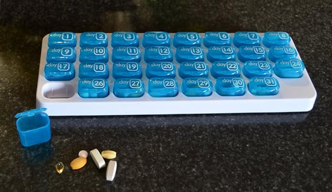 31 Day Monthly Pill Organizer with Pop Out Pocket Pill Pods and Storage Tray for Vitamins, Supplements, Home, Work or Travel - 2 Pack Blue