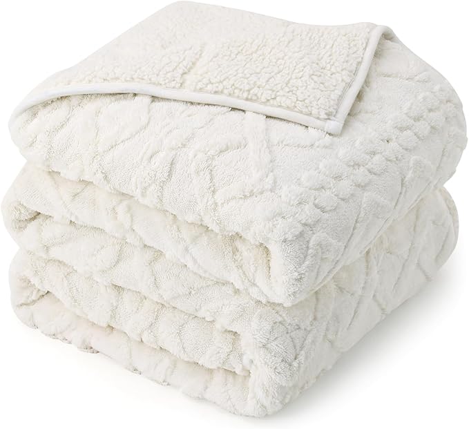 Drewin Weighted Blanket 15lbs Queen Size, Soft and Thick Jacquard Sherpa Heavy Blanket for Calming and Relax, Dual Sided Ultra Soft Fuzzy Throw Blanket with Ceramic Beads, 60 x 80 inches, Cream White