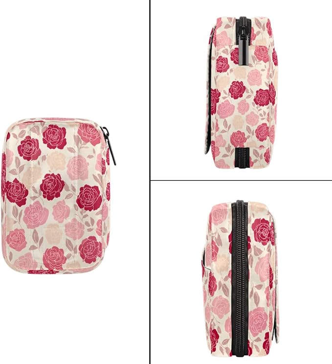Pink Roses Flowers Pill Case Everyday Travel, 7 Day Weekly Medicine Pill Box Compact Portable Pills Bottle Organizer with Zipper for Daily Vitamin Medicine Holder Bottle Organizers Bag