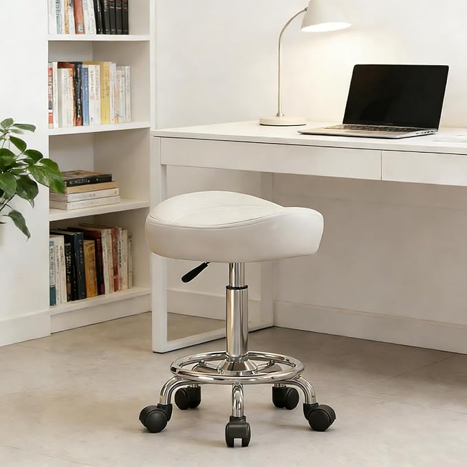 Saddle Stool, Adjustable Height Ergonomic Swivel Chair with Wheels, PU Leather Saddle Seat with Ring Pedal for Salon, Massage, Clinic, Lab, and Office