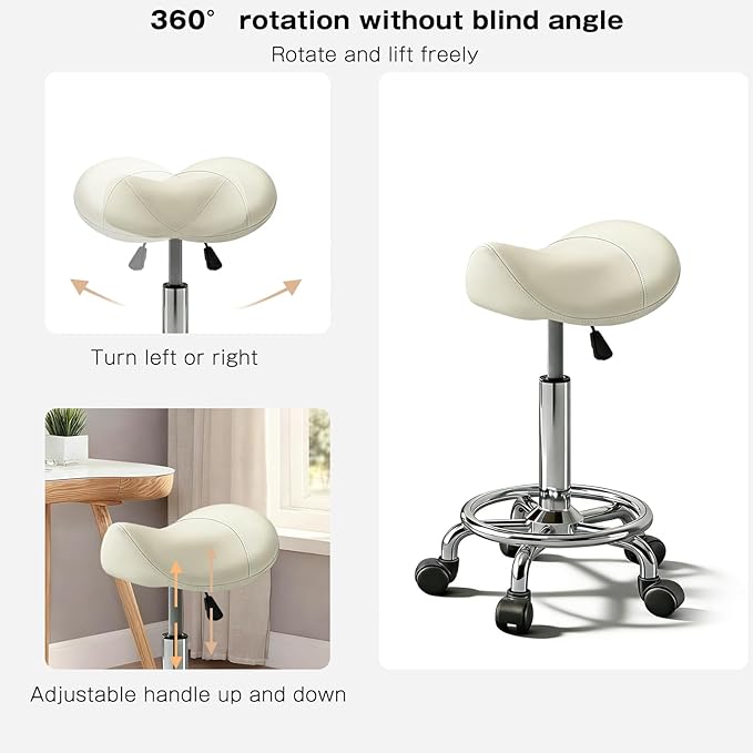 Saddle Stool with Ring Pedal, Adjustable Hydraulic Rolling Chair with Wheels for Medical, Massage, Salon, Spa, Kitchen, and Drafting Use