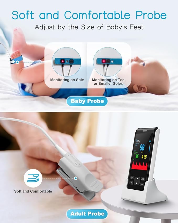 Handheld Pulse Oximeter for Baby&Adult,Infant Pulse Oximeter Fingertip Rechargeable with Continuous Monitor&Alarm, Infant Oxygen Monitor Fingertip