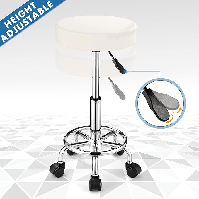 Adjustable Stool with Wheels, Modern Round Rolling Stool for Spa Salon Massage Office, White PU Leather Seat, 250 lbs Capacity