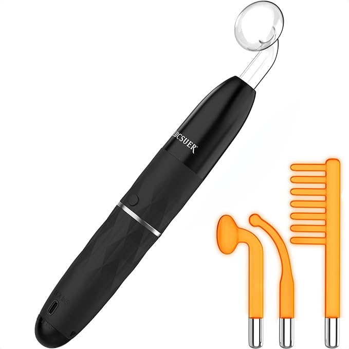 OxyGlow2 Cordless High Frequency Facial Machine - ProFacial Wand Clinical Skin Therapy Wand - Neon+Argon Gas (Onyx Black)