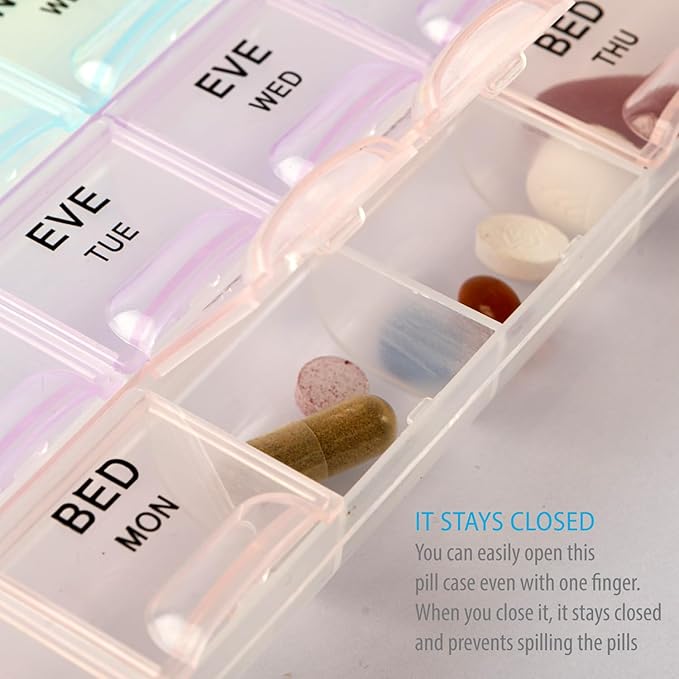 Deke Home - Pill Organizer 4 Times a Day (2 Pack), Weekly Medicine Box with Morning, Noon, Evening, Bed Compartments, Translucent, Easy-to-Open Pill Case, 7-Day Travel Medication Organizer for Vitamin
