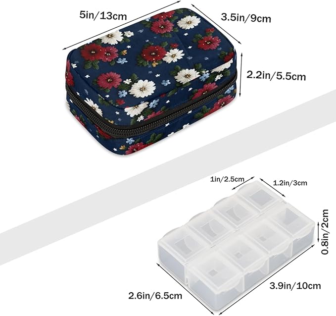 Blue Daisy Flowers Pill Case Everyday Travel, 7 Day Weekly Medicine Pill Box Compact Portable Pills Bottle Organizer with Zipper for Daily Vitamin Medicine Holder Bottle Organizers Bag