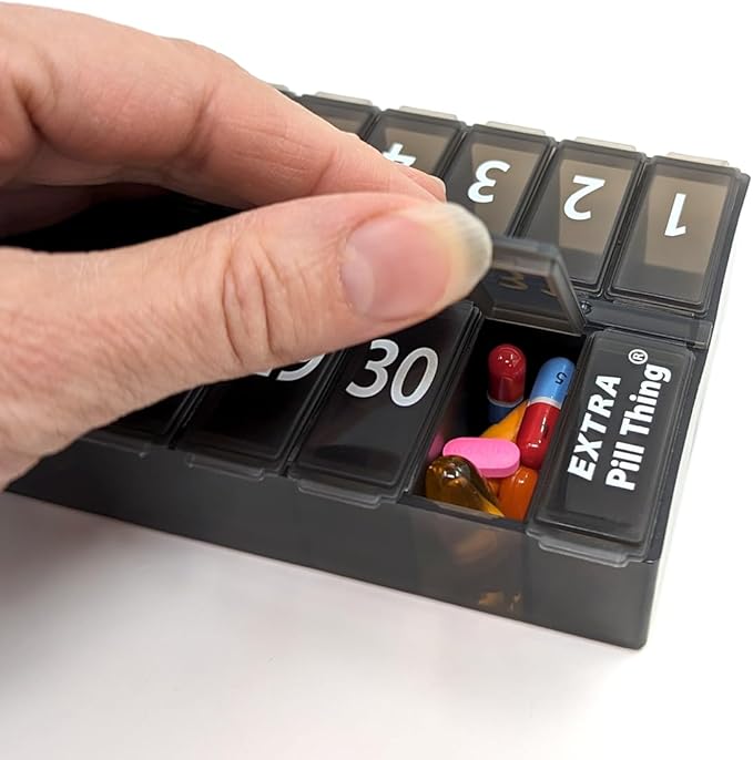 Once-a Day Monthly Pill Organizer Removable Lid for Easy Loading - Large Compartment Pill Box Medications for Entire Month Plus a Compartment for Extra Pills BPA Free