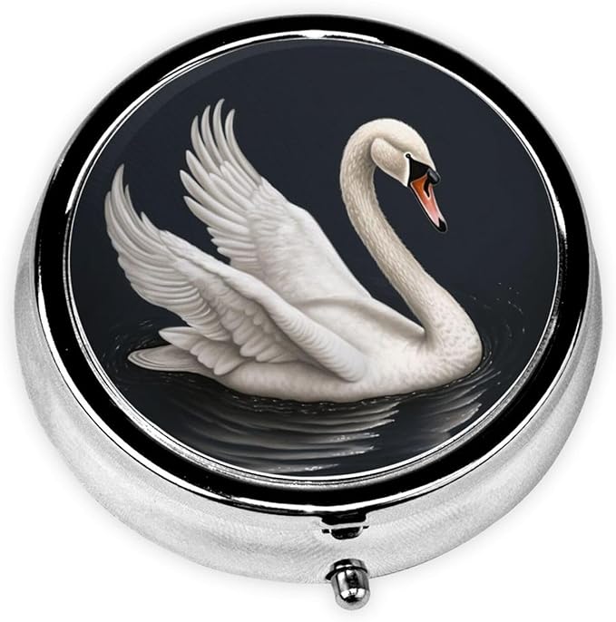 Pill Box 3 Compartment Medicine Pill Organizer White Swan Round Pill Case for Purse & Pocket Travel Pillbox Portable Metal Medicine Vitamin Fish Oil Organizer Unique Gift