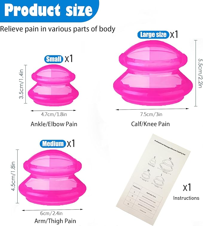 Silicone Cupping Therapy Set -3pcs Massage Cups for Muscle Relief & Cellulite Massage, Home Use Portable Body Sculpting Kit with Large, Medium, Small Cups (Rose Red)