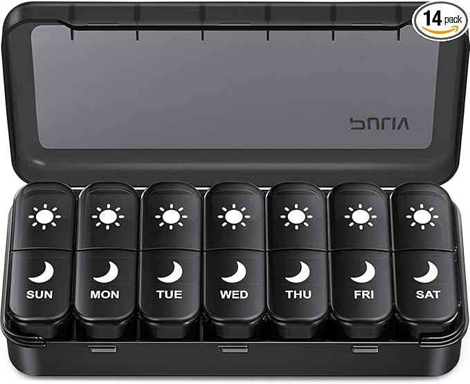 PULIV Large Weekly Pill Organizer 2 Times a Day with Face-Up Prints for Easy Pill Tracking, AM PM Pill Case with Dual Protection, Compact Travel Pill Box 7 Day for Vitamins, Fish Oils, Supplements