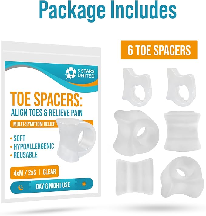 5 STARS UNITED Toe Spacers for Men & Women – 4 Big and 2 Pinky Gel Separators for Overlapping & Curled Toes, Bunions, Alignment - Diabetic Foot Care, Silicone Spreader, Corrector & Straightener, Clear