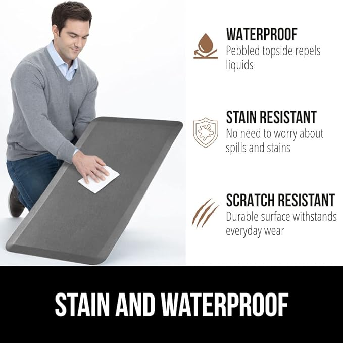 GORILLA GRIP Comfortable Cushioned Kitchen Mats for Floor, 70x24, Waterproof and Stain Resistant Soft Top, 3/4 Inch Thick Ergonomic Standing Desk Anti Fatigue Mat, Foam Supports Ankles and Feet, Grey