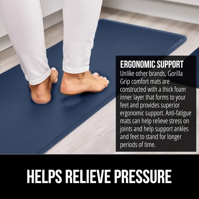 GORILLA GRIP 2 Pack Comfortable Cushioned Kitchen Mats for Floor, 17x24 + 17x48, Waterproof and Stain Resistant, 1/2 Inch Thick Soft Ergonomic Standing Desk Anti Fatigue Mat, Foam Supports Feet, Navy
